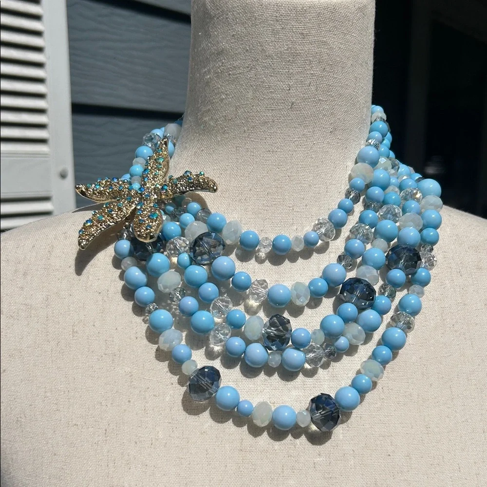 Vintage-Style Aqua Blue Multi-strand Beaded Starfish Necklace